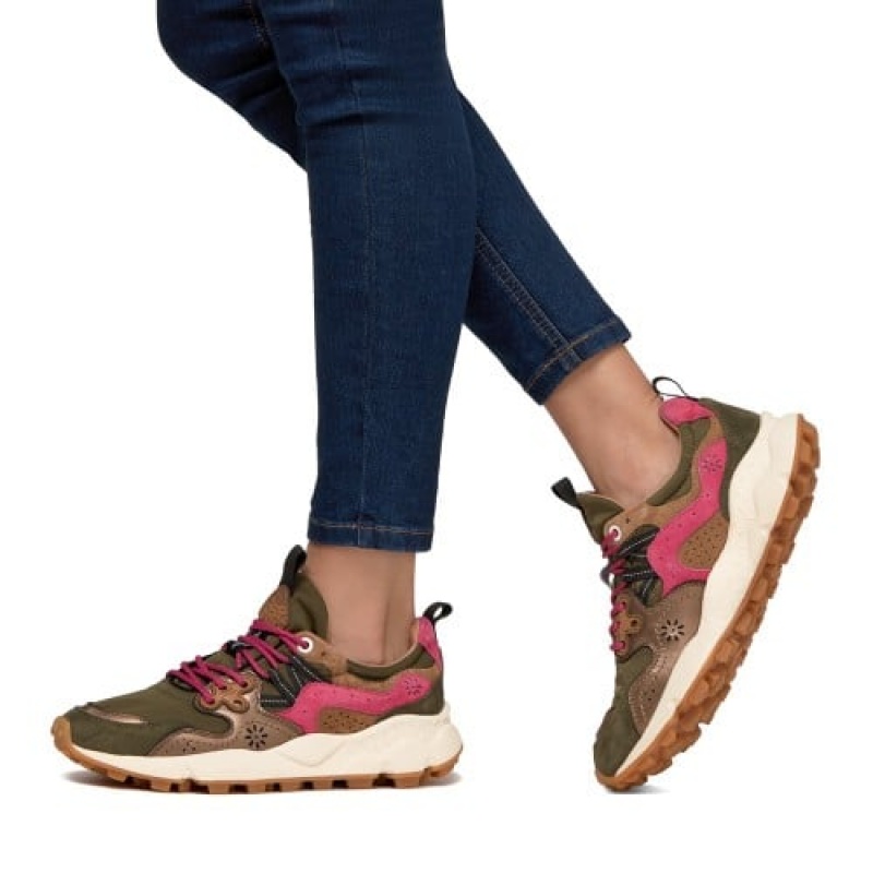 Green Pink Brown Flower Mountain Yamano 3 Women's Sneakers | QKR1532MJ