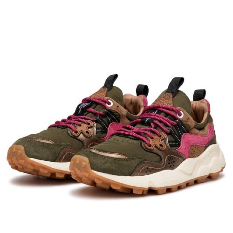 Green Pink Brown Flower Mountain Yamano 3 Women's Sneakers | QKR1532MJ